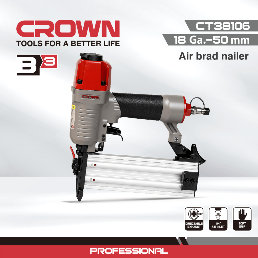 Пневматичний цвяхозабивач CROWN CT38106, 18 Ga (1,25 × 1,0 мм), довжина цвяха 15–50 мм, магазин на 100 цвяхів CT38106