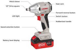 Акумуляторний ударний гайковерт CROWN CT22046XS-4 BMC, 20 В, безщітковий, 350 Н·м, 2 АКБ × 4,0 А·год, зарядний пристрій 4 А, пластиковий кейс