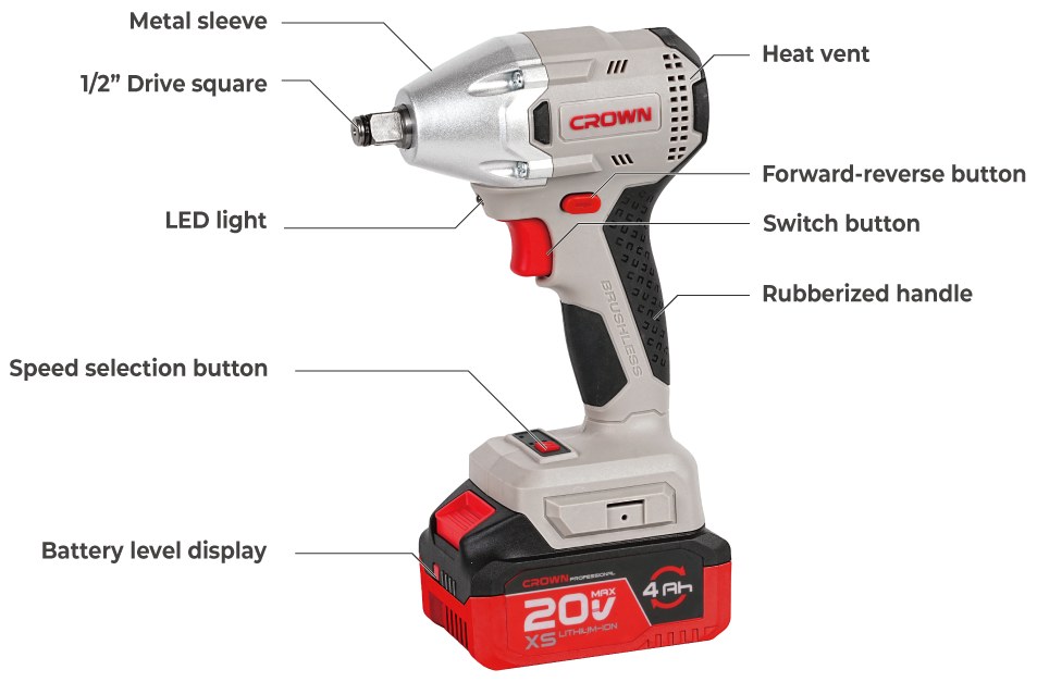Акумуляторний ударний гайковерт CROWN CT22046XS-4 BMC, 20 В, безщітковий, 350 Н·м, 2 АКБ × 4,0 А·год, зарядний пристрій 4 А, пластиковий кейс CT22046XS-4 BMC